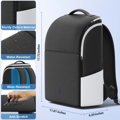 Rysker PS5 console backpack in white, with large capacity, protective padding, three cable pockets, and space for a laptop and game cards.
