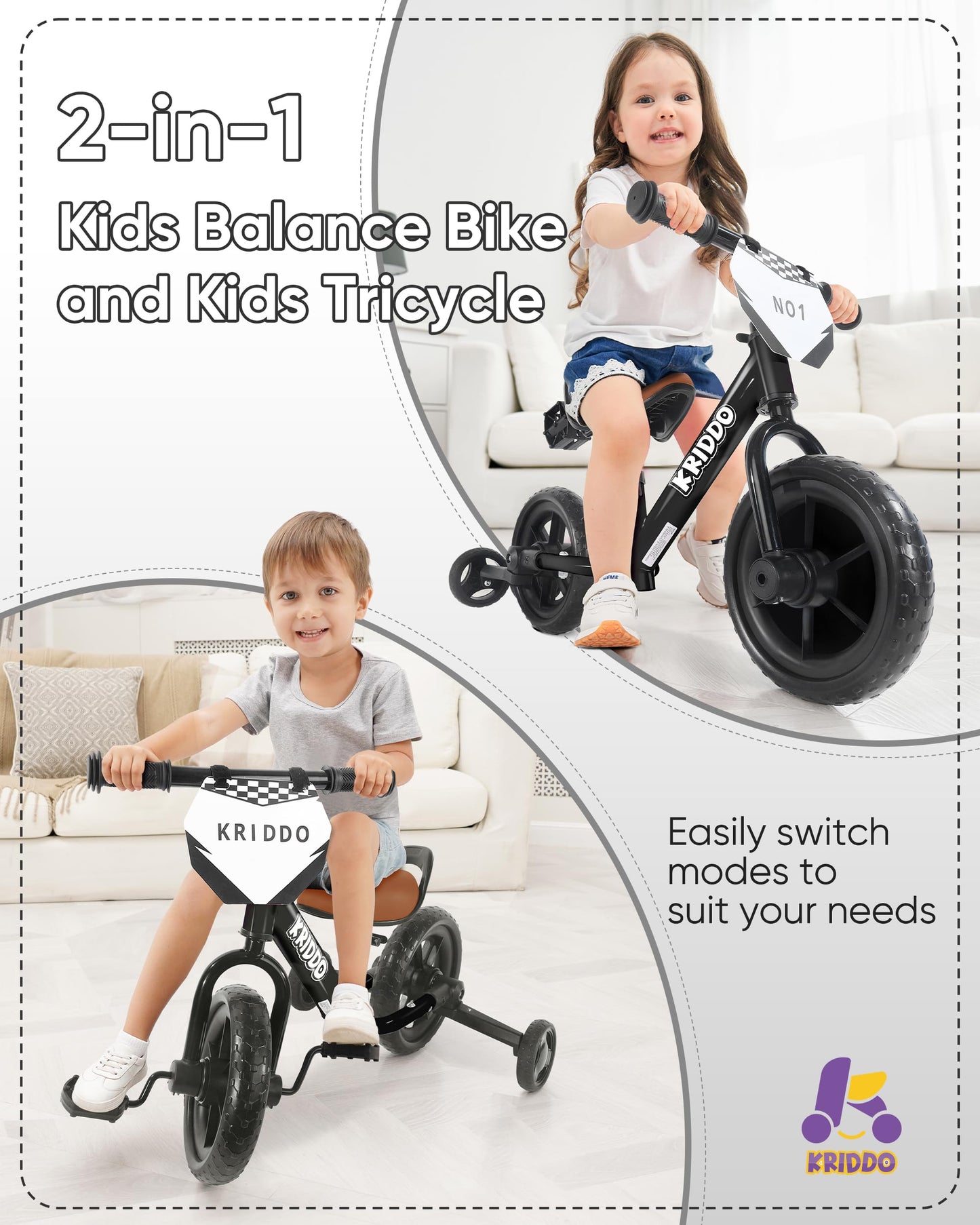 KRIDDO 2-in-1 kids tricycle and balance bike in black, featuring detachable pedals and training wheels for toddlers.