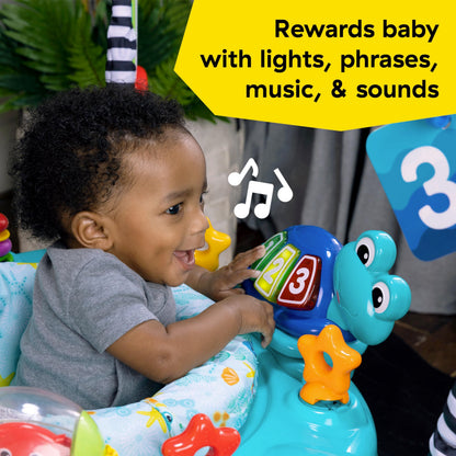 Baby Einstein Ocean Explorers Curiosity Cove 2-in-1 activity jumper and floor toy for babies 6-12 months, featuring colorful ocean-themed designs.