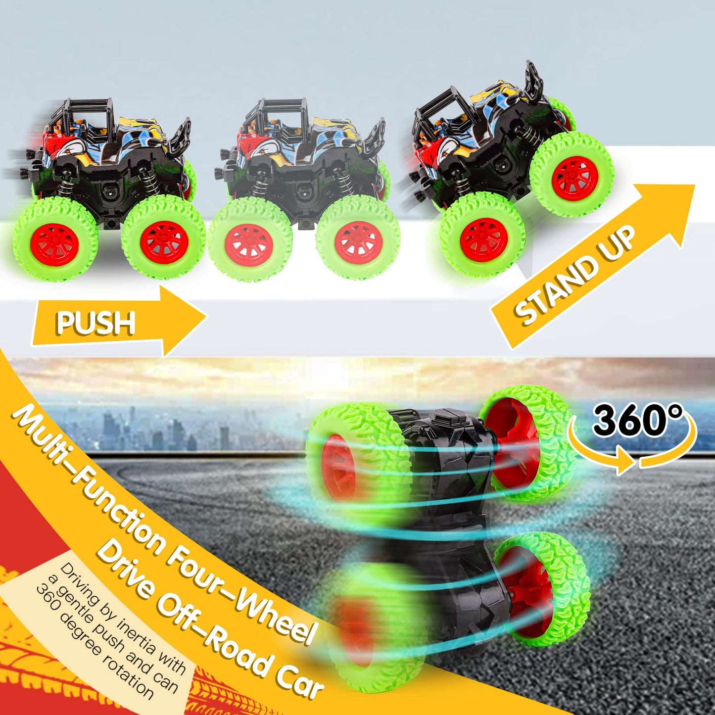 m zimoon Monster Inertia Truck, 2 Pack Off-road Vehicle Toy Four-Wheel Race Cars with 360 Degree Rotation, Toddler Car Toys Birthday Gift for 3 4 5 6 7 8 year old Kids Boys Girls (Blue+Green)