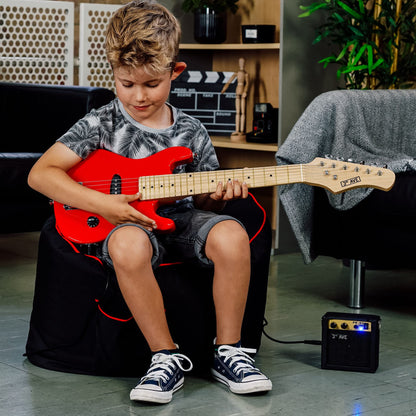 3rd Avenue 1/4 size kids electric guitar pack in red with 5W portable amp, cable, bag, picks, and strap for young beginner musicians.
