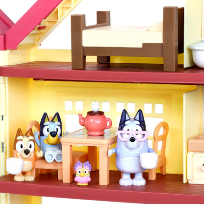 Bluey exclusive ultimate playhouse and toy box with lights, sounds, dance floor, 29 accessories, and four character figures including Bluey and Bingo.