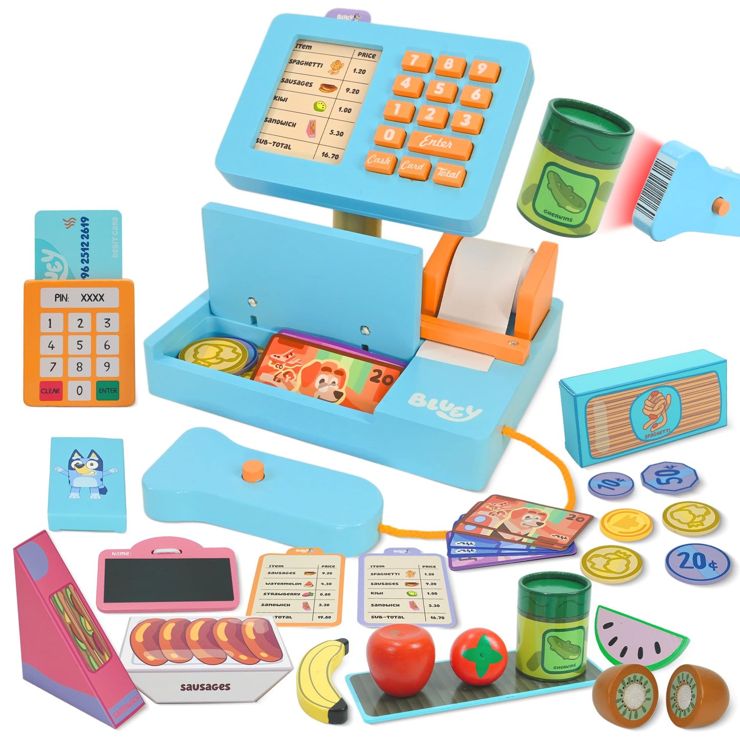 Bluey cash register toy with scanner, play money, food accessories, credit card, and sounds for kids' pretend shop play.