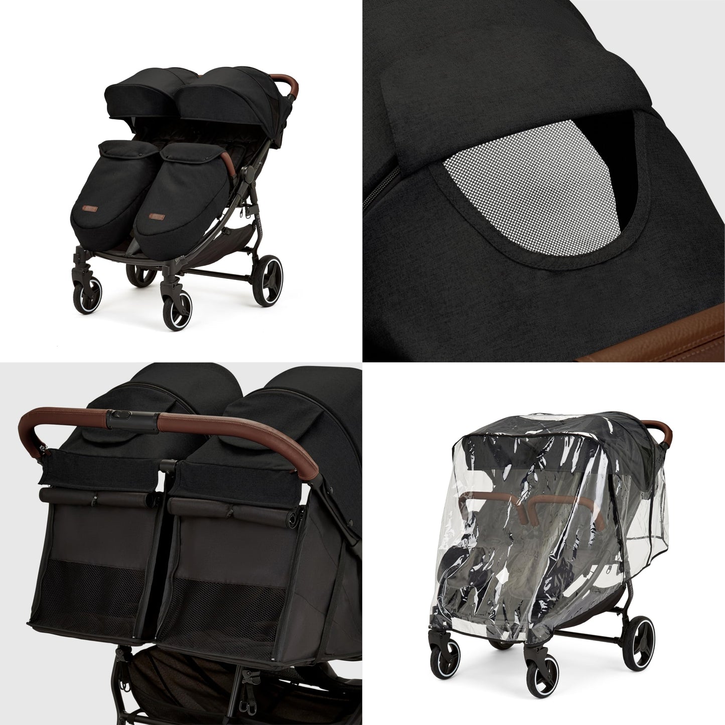 Ickle Bubba Venus Max Double Stroller – Twin Pushchair from Birth to 15kg per Seat, Independent Recline Seats, Footwarmers, Rain Cover, Compact Fold, Swivel Wheels & Suspension (Black)