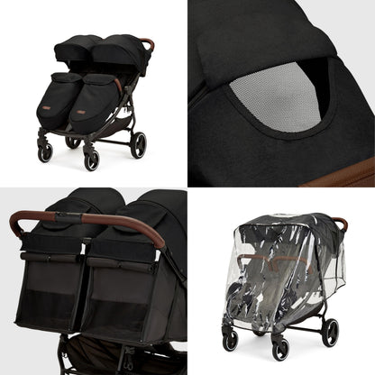 Ickle Bubba Venus Max Double Stroller – Twin Pushchair from Birth to 15kg per Seat, Independent Recline Seats, Footwarmers, Rain Cover, Compact Fold, Swivel Wheels & Suspension (Black)