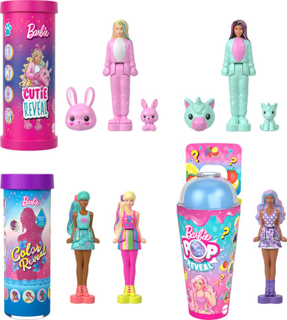 Barbie Mini BarbieLand Reveal Dolls 5-Pack featuring 1.5-inch dolls with various surprises and styles in colorful packaging.