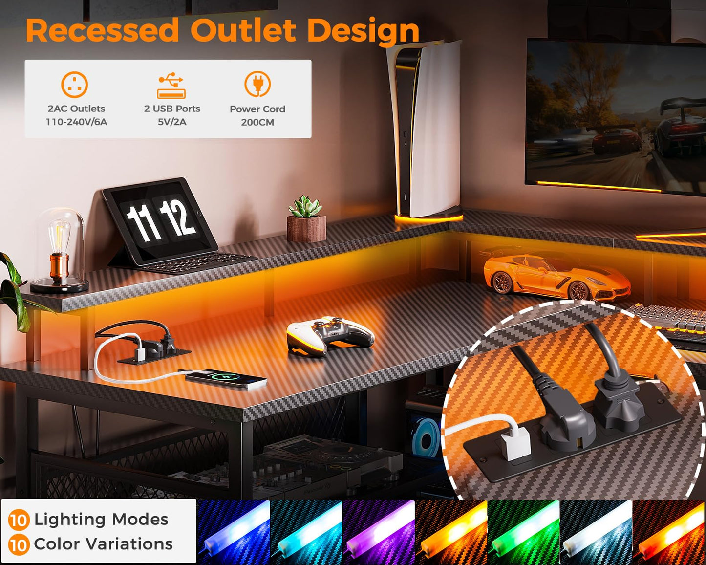 ODK L Shaped Gaming Desk with LED Lights & Power Outlets, 168×120cm Reversible Corner Desk with Storage Shelves, Computer Desks with Monitor Stand, Carbon Fiber Black