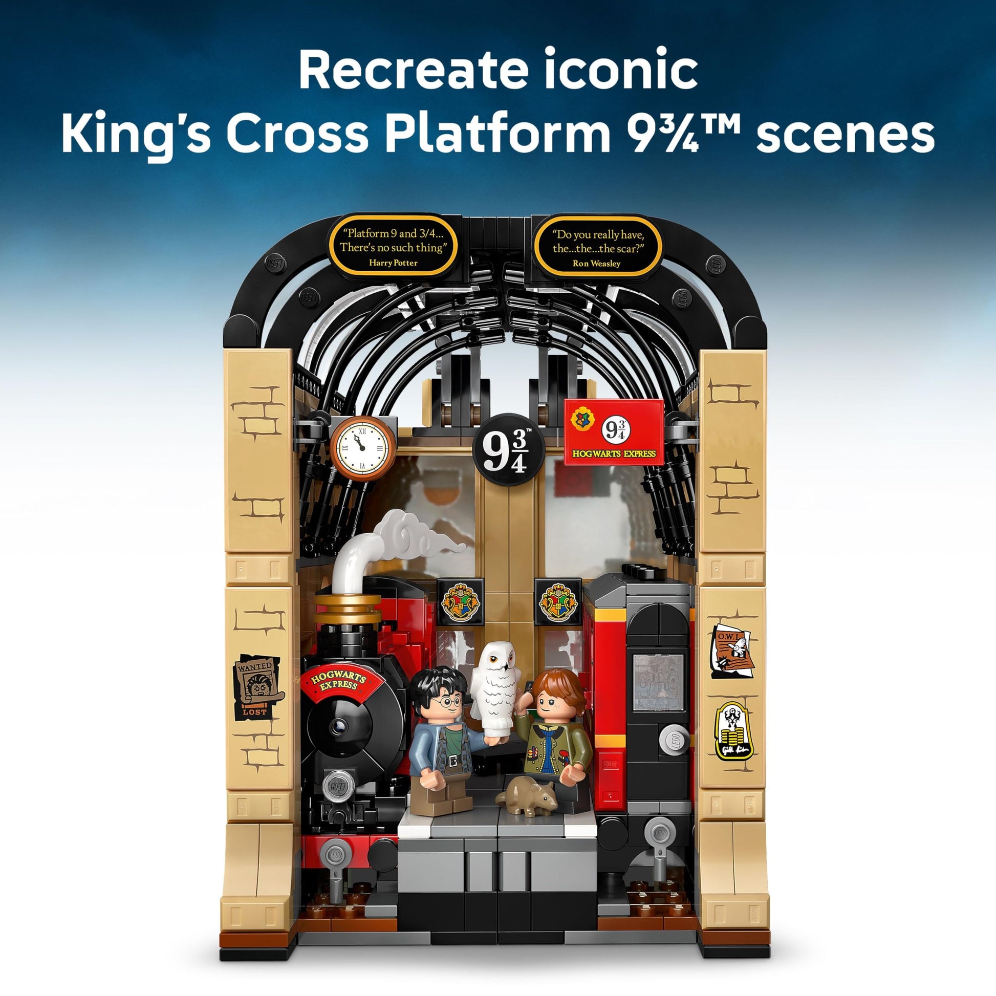 LEGO Harry Potter Book Nook set featuring the Hogwarts Express train, Ron Weasley, Hedwig, and Scabbers minifigures.