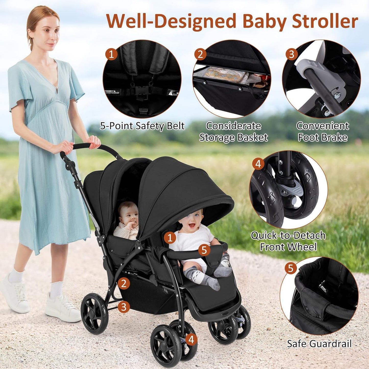 Foldable Twin Stroller, Double Baby Pushchair w/Multi-Level Backrest, Canopy, Handle & Footrest, Safety Belt & Brake System, Travel Tandem Seating Stroller w/Lockable Wheels (Black)
