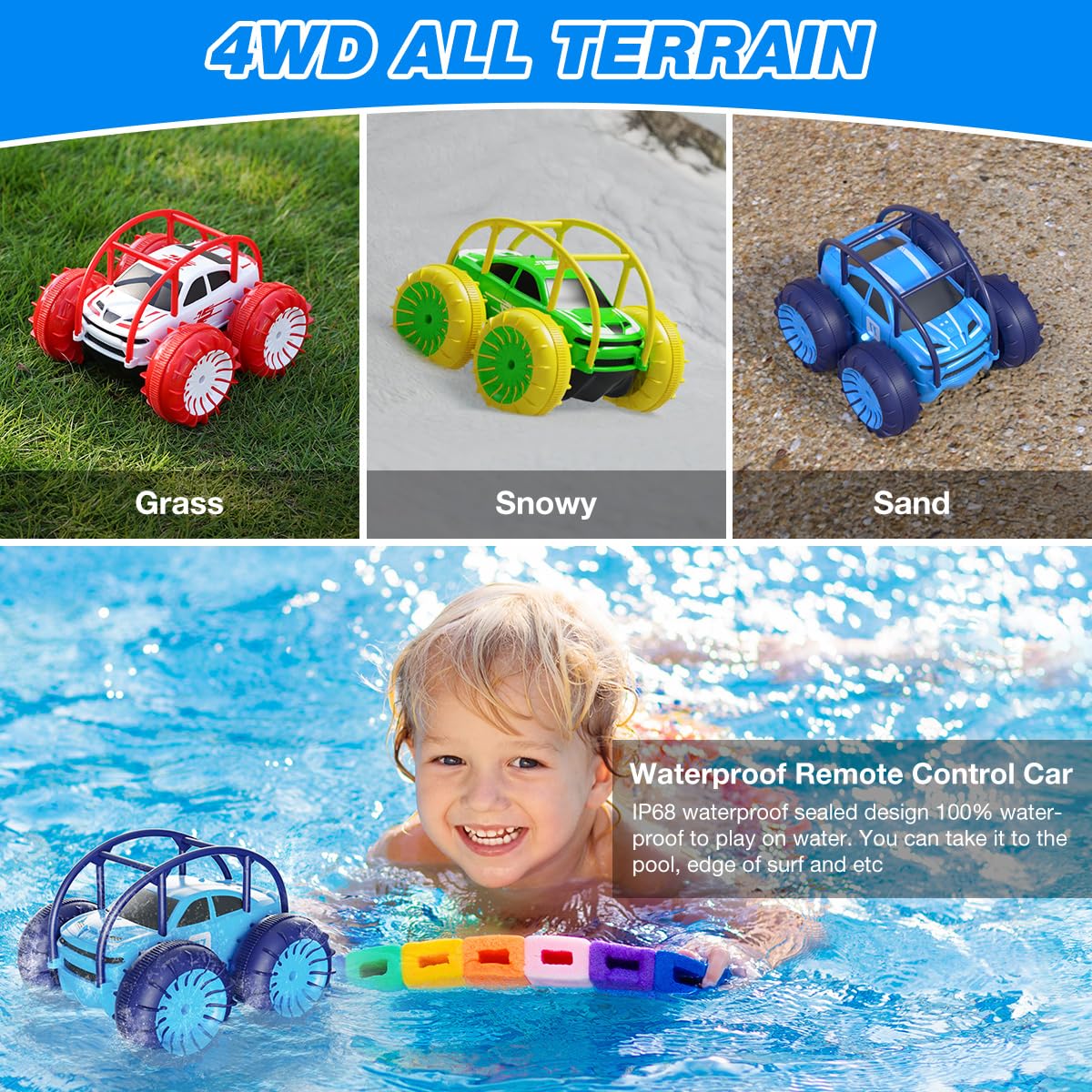 MaxTronic Direct Charging Remote Control Car for Kids, Amphibious RC Cars Toy 2.4G 360° Flips Rotation 15KM/H 4WD All Terrain Stunt Car with Ajustable LED for Boys Girls 3-12 Years Old