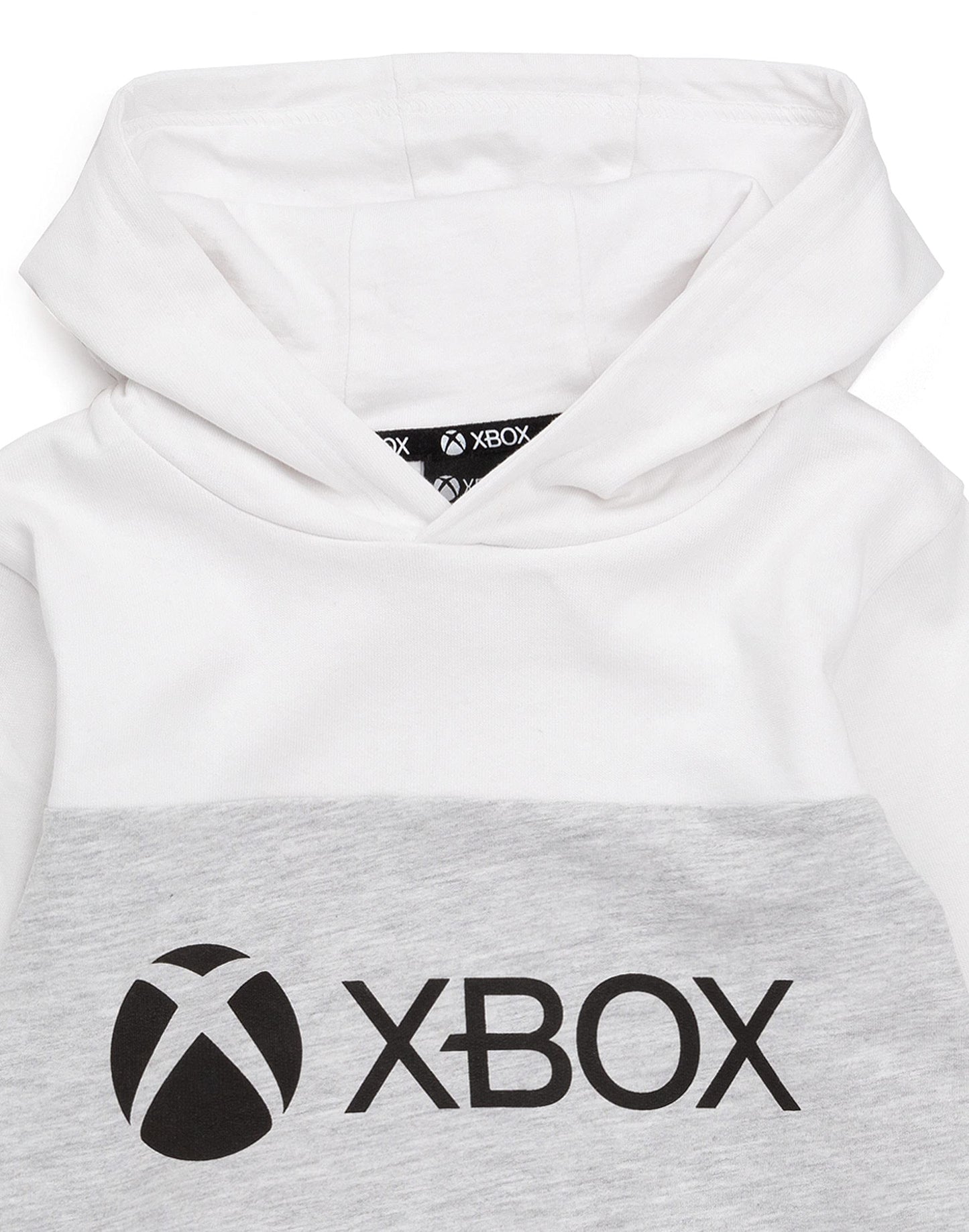 Kids white and grey Xbox hoodie with game console logo, hooded sweatshirt for boys and girls ages 14-15, children’s gaming jacket.