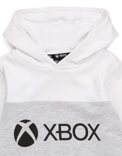 Kids white and grey Xbox hoodie with game console logo, hooded sweatshirt for boys and girls ages 14-15, children’s gaming jacket.