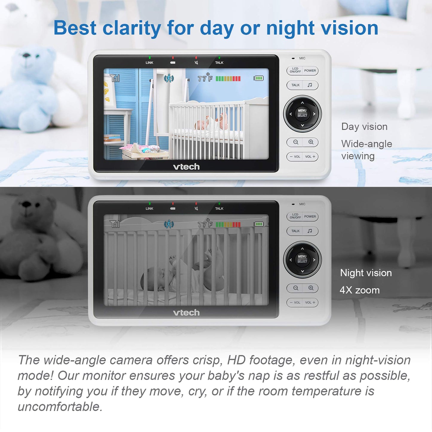 VTech VM901 Wi-Fi baby monitor with 5-inch display, 1080p camera, remote pan tilt zoom, night vision, and two-way talk.