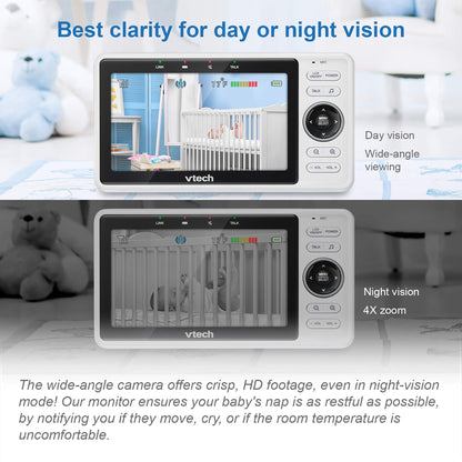 VTech VM901 Wi-Fi baby monitor with 5-inch display, 1080p camera, remote pan tilt zoom, night vision, and two-way talk.