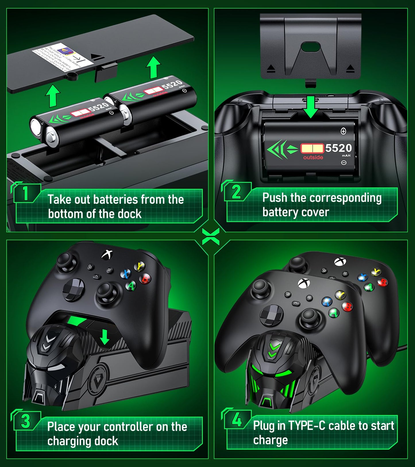 HASACOOL Xbox controller charging dock with two 5520mWh rechargeable batteries and dual station for Series X/S and One controllers