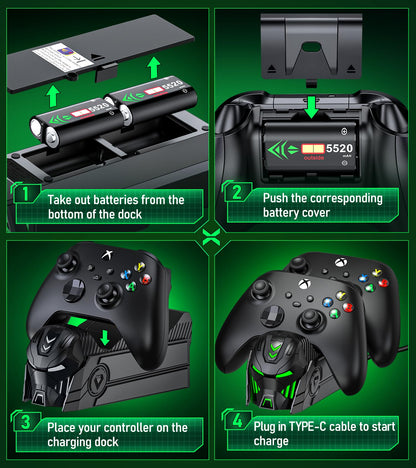 HASACOOL Xbox controller charging dock with two 5520mWh rechargeable batteries and dual station for Series X/S and One controllers