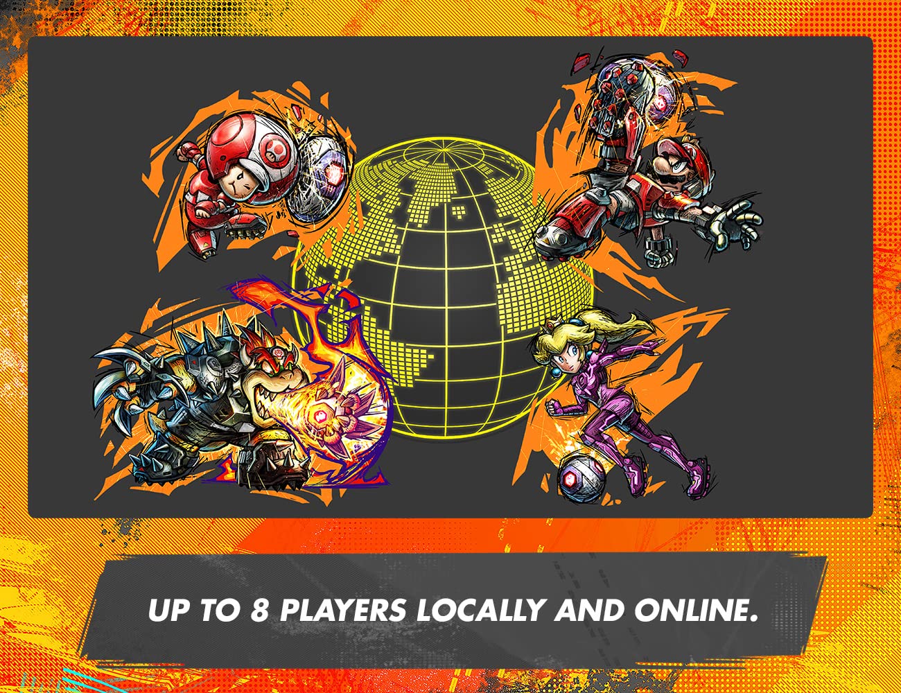 Nintendo Mario Strikers Battle League football game for Nintendo Switch showing colorful character icons and in-game action.