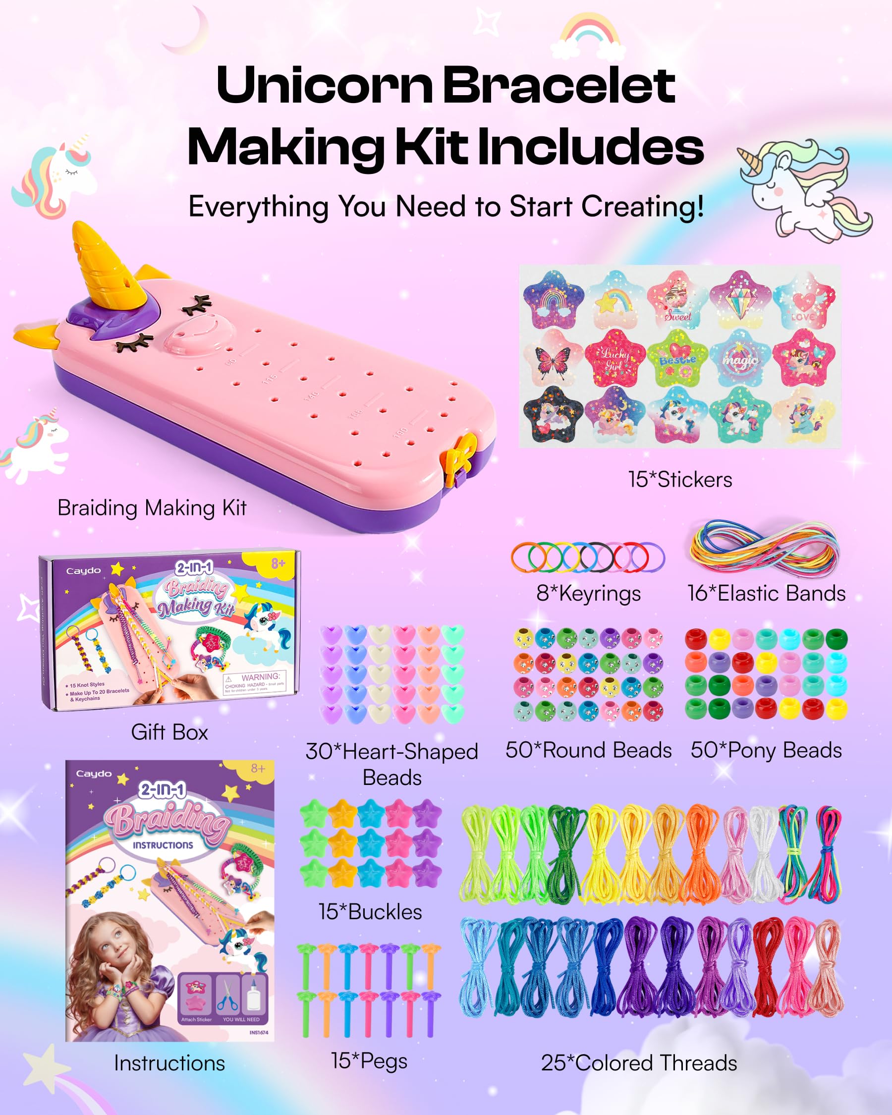 Caydo 2-in-1 friendship bracelet and keychain making kit with colorful strings and tools for DIY jewelry crafting and gifts.