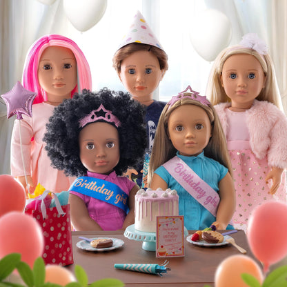 Anita, an 18-inch Our Generation doll, dressed for a birthday party with balloons and a tiara, surrounded by accessories.