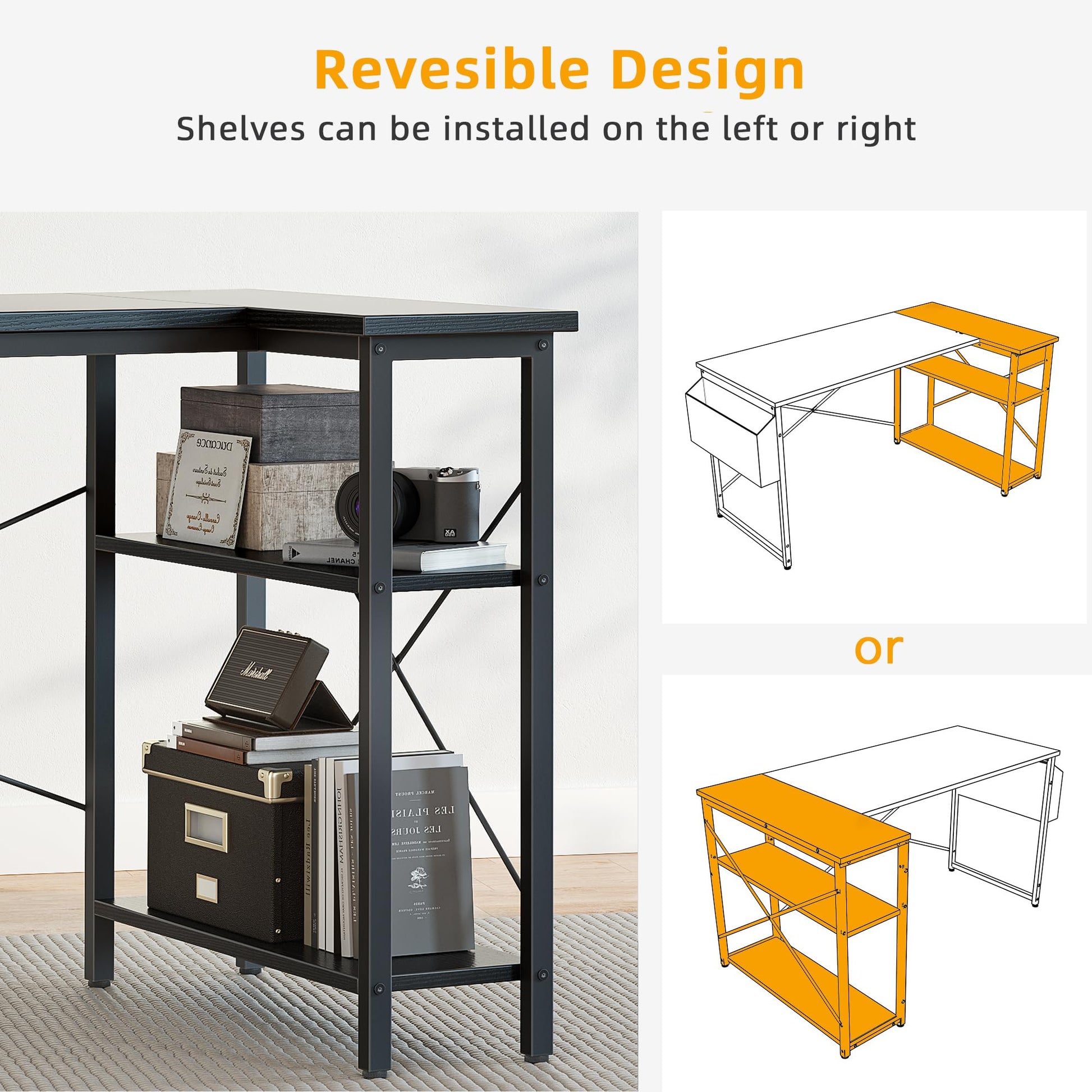 BEXEVUE L-shaped gaming and office desk in black with large reversible storage shelves and a storage bag, 100x70 cm.