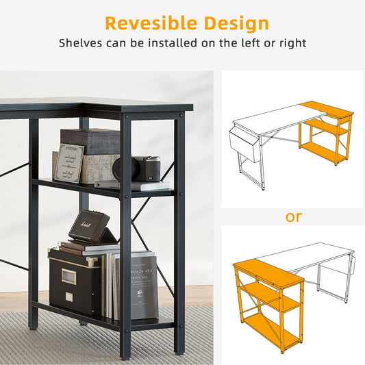 BEXEVUE L-shaped gaming and office desk in black with large reversible storage shelves and a storage bag, 100x70 cm.