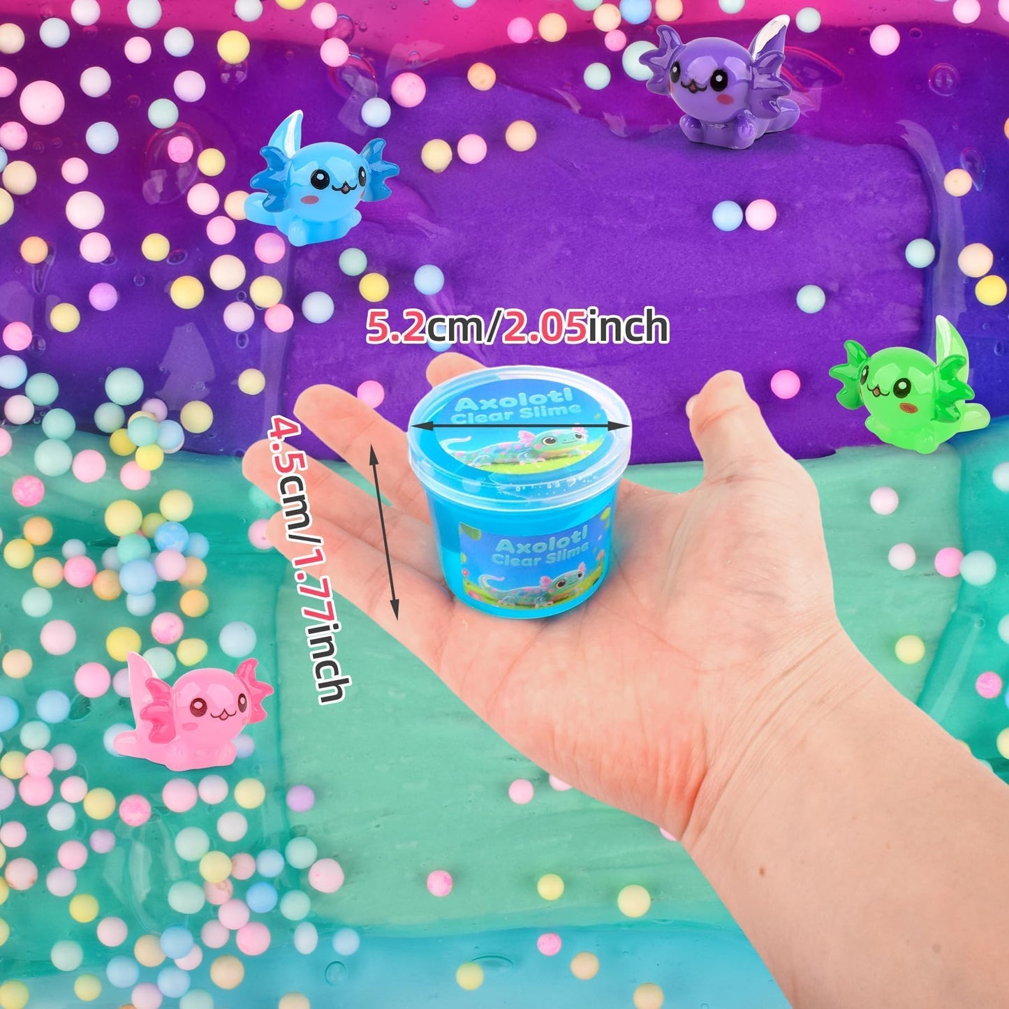 Four-pack axolotl-themed fluffy slime kit with pink, blue, purple, and green slime, charms, soft, stretchy for kids and classroom fun.