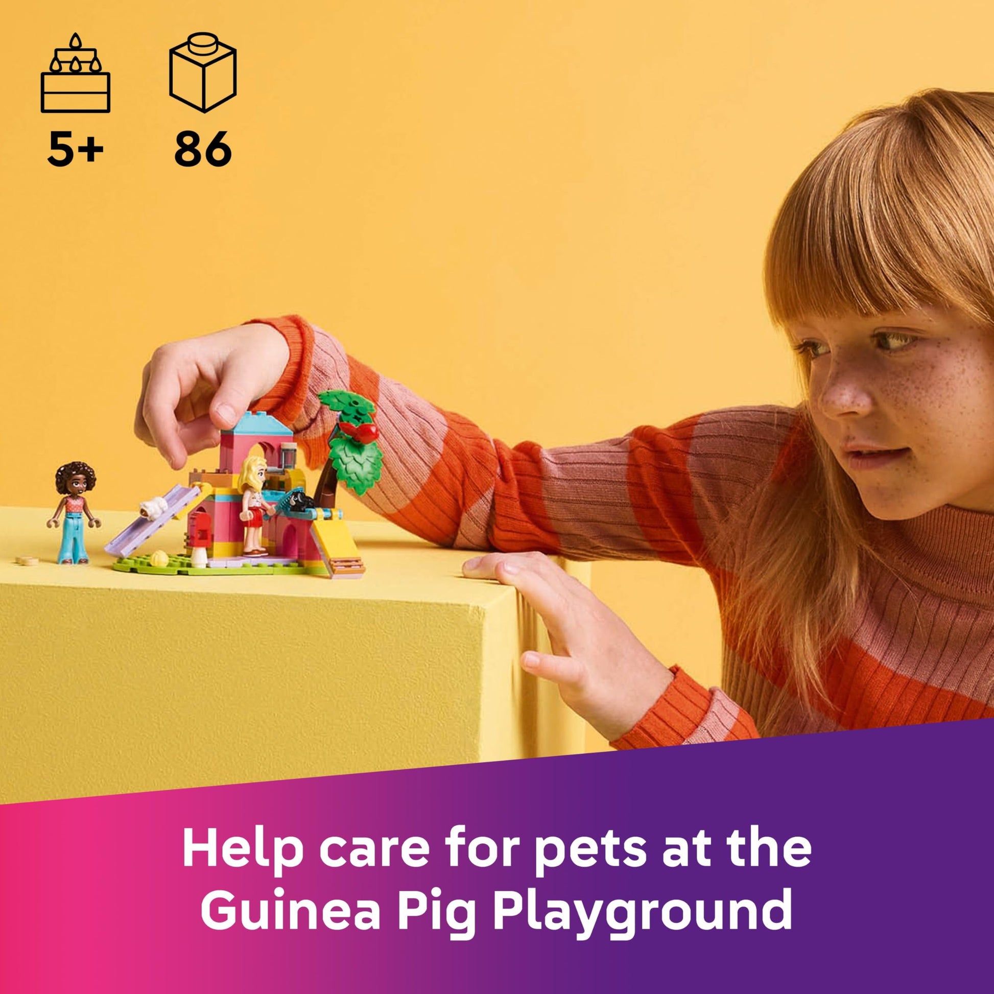 LEGO Friends Guinea Pig Playground with mini dolls, animal figures, and pet care accessories for creative play.