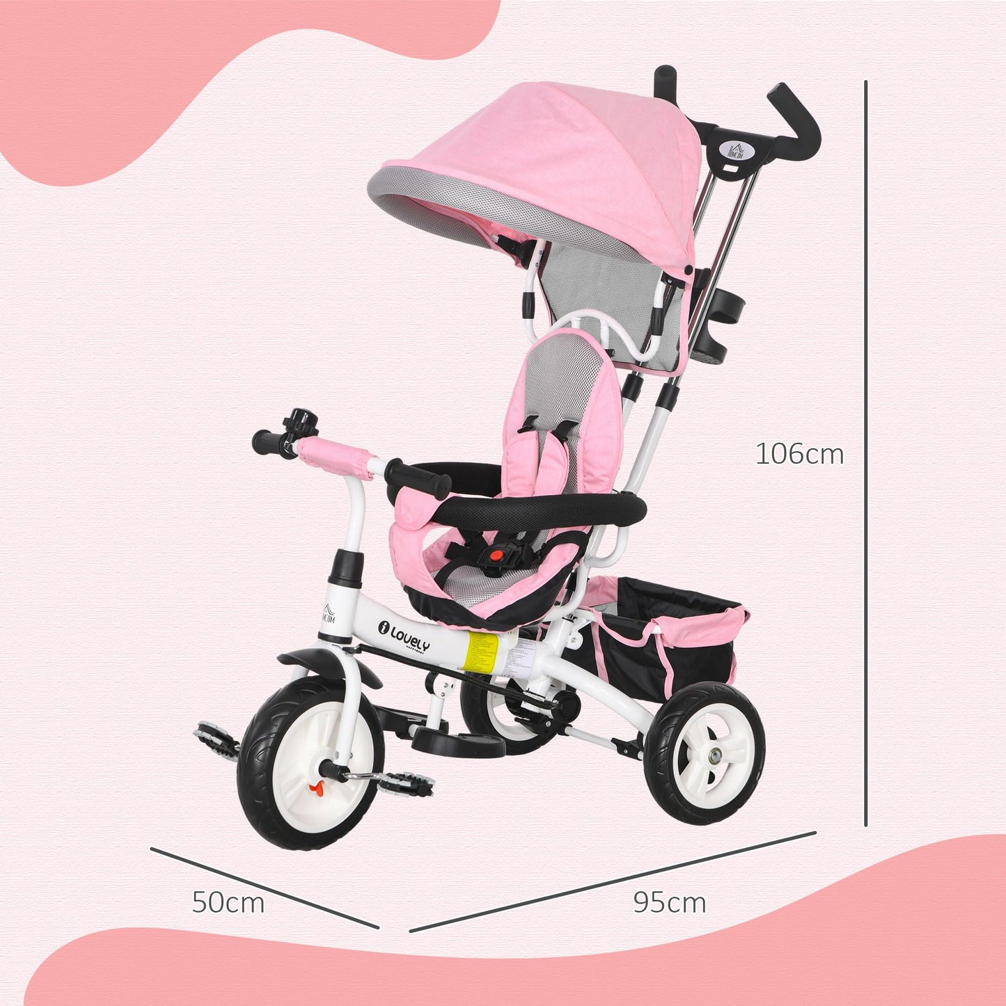 HOMCOM 6 in 1 Trike, Kids Tricycle, Pedal Push Bike w/Parent Handle, Removable Canopy, 5-Point Safety Belt, Storage, Footrest, Brake, for 1-5 Years Toddler, Pink