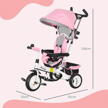 HOMCOM 6 in 1 Trike, Kids Tricycle, Pedal Push Bike w/Parent Handle, Removable Canopy, 5-Point Safety Belt, Storage, Footrest, Brake, for 1-5 Years Toddler, Pink