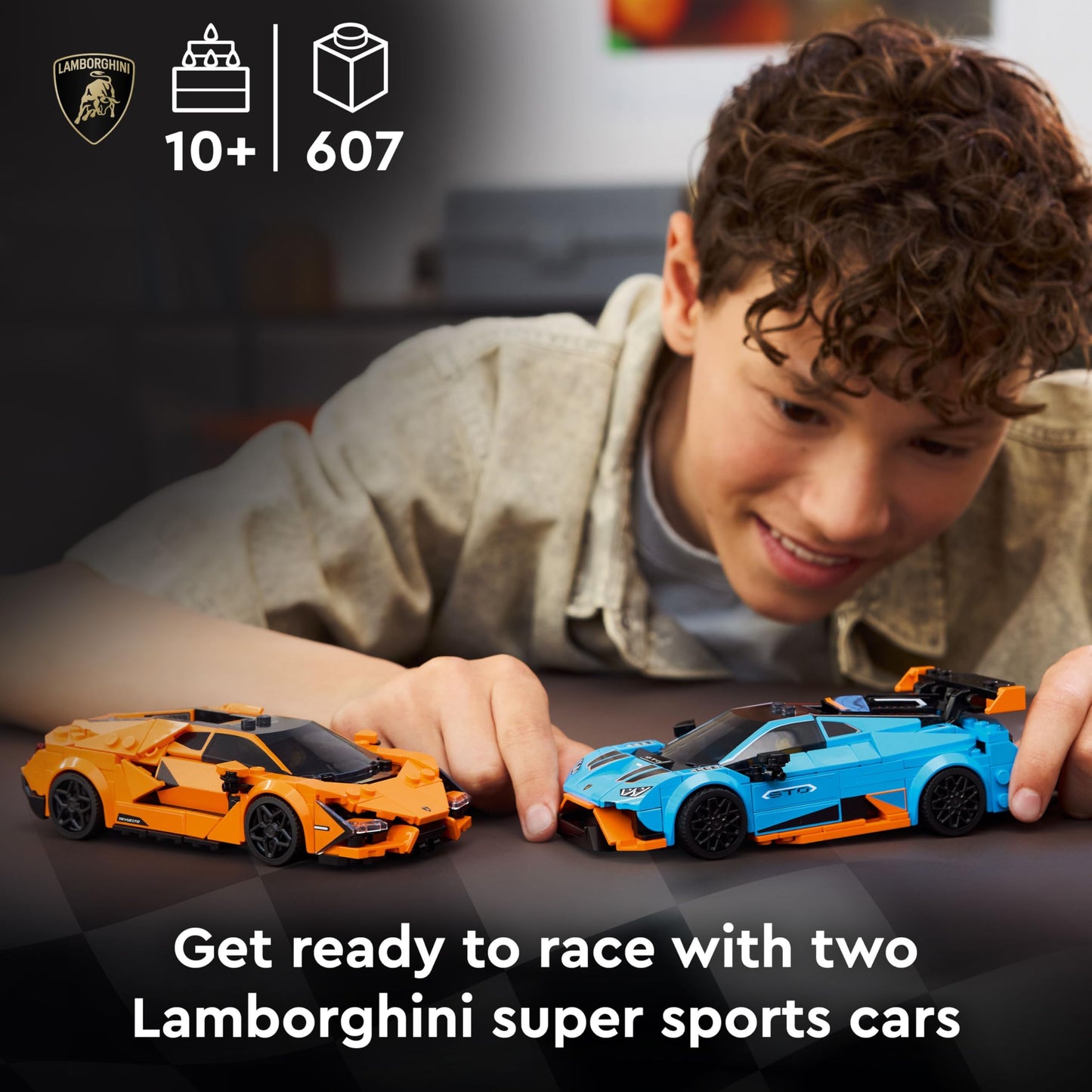 LEGO Speed Champions Lamborghini Revuelto and Huracán STO model kit with two driver minifigures for kids aged 10+.