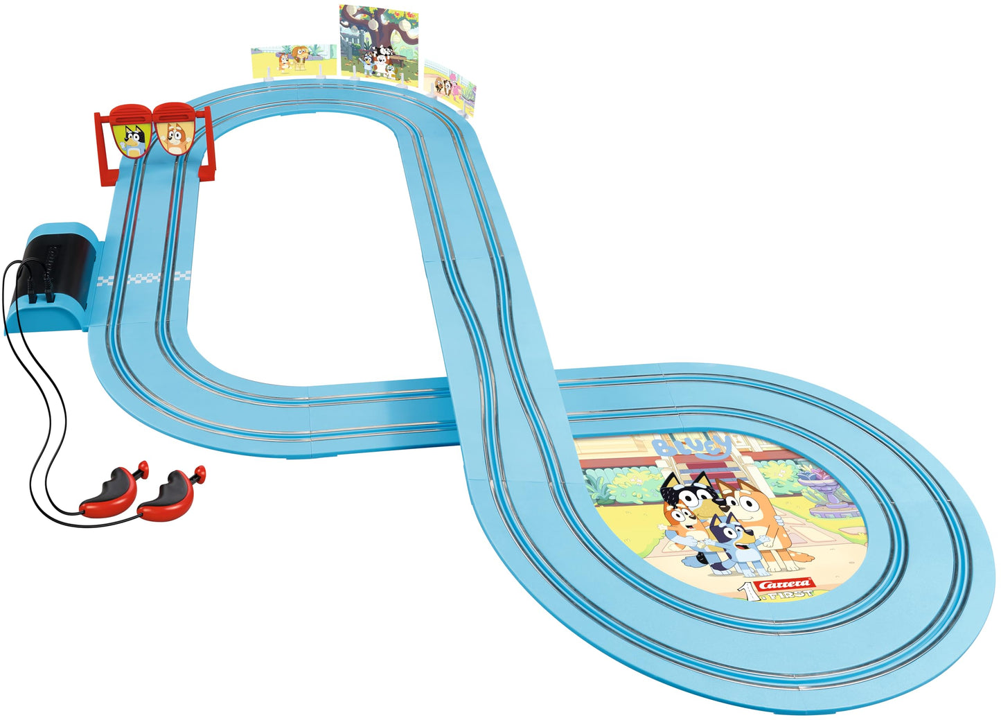 Carrera FIRST Bluey slot racing track with Bluey and Bingo figures, 2.9 meters long, suitable for children and adults.