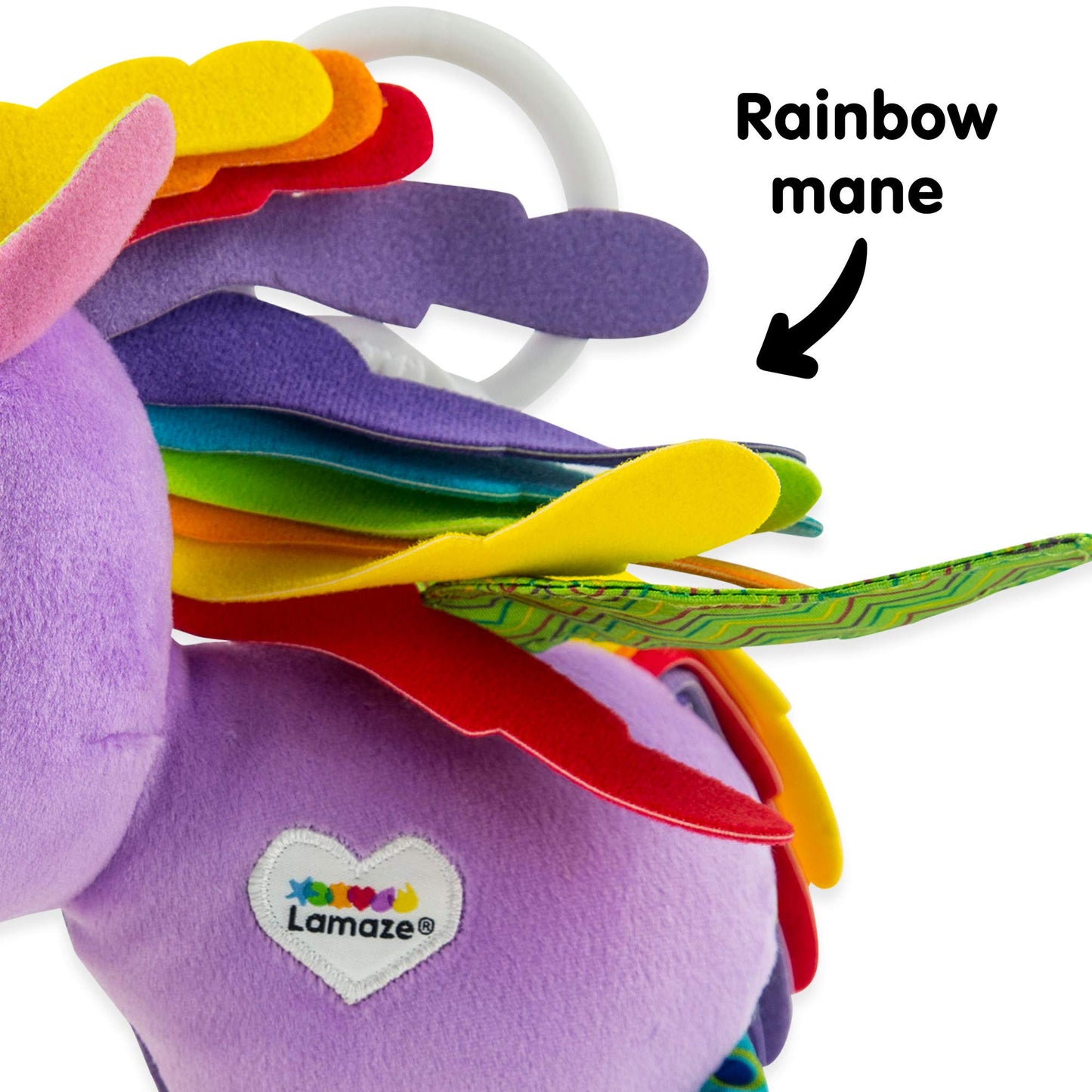 LAMAZE Tomy squeaky unicorn Tilly plush toy with soft fabric and squeaker for babies and toddlers.