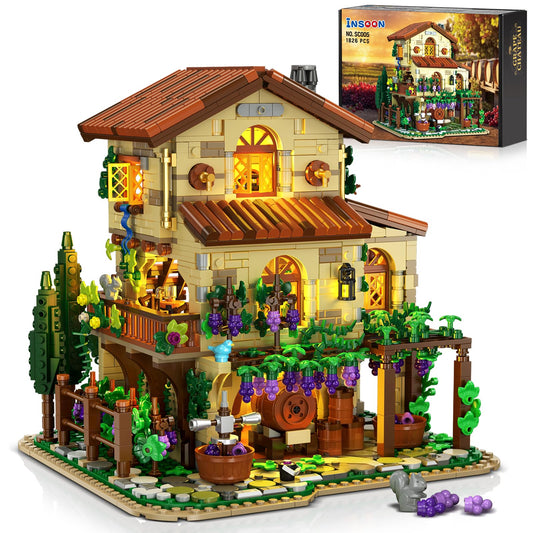 INSOON Winery Chateau House Building Set with Lights, Vineyard Castle Construction Model Home Decor, 1826 PCS Vine Estate Autumn Cabin Building Block Kit Gift for Mothers Day Adults Teens Boys Girls