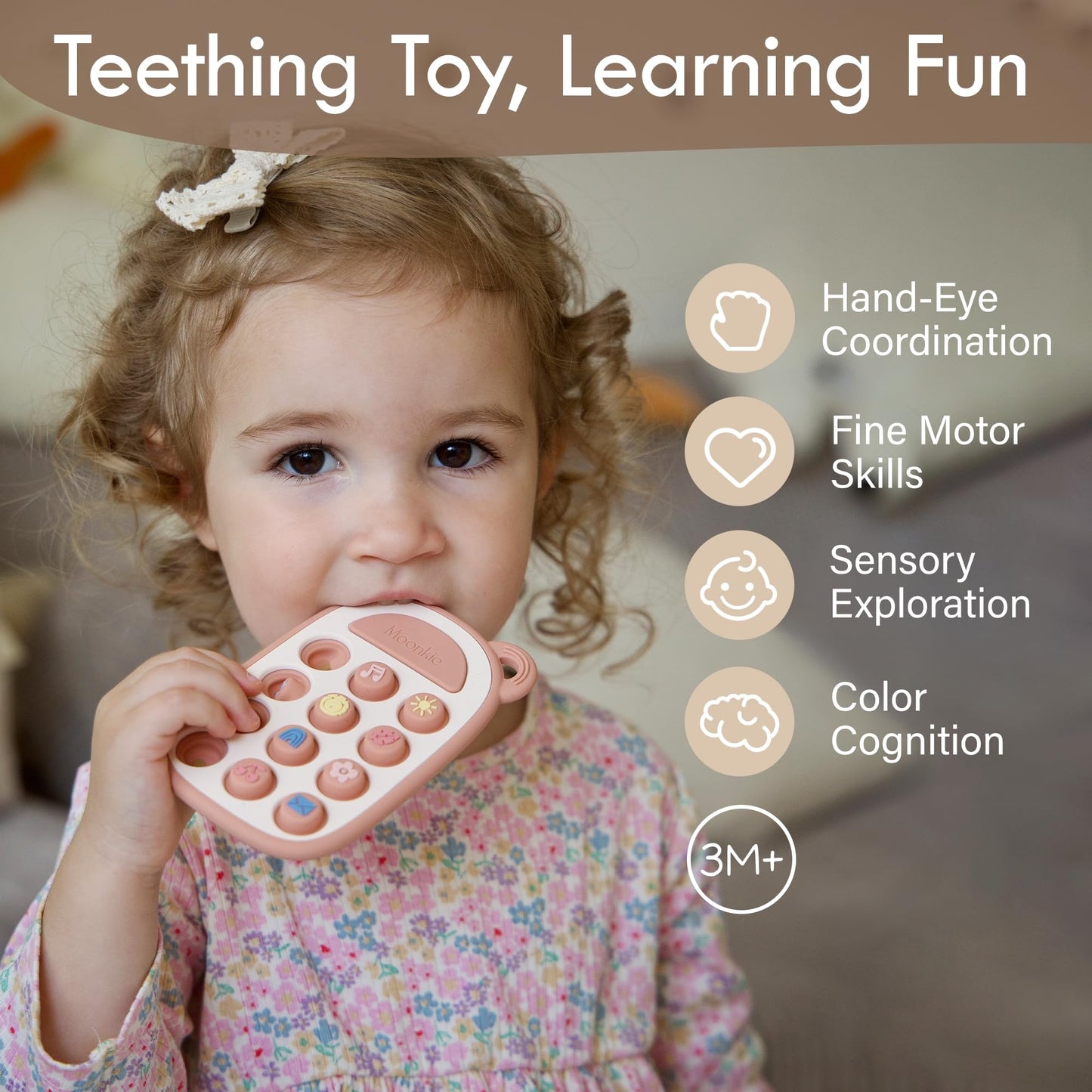Moonkie Teething Toys for Baby, Silicone Phone Press Teether for 3 Months+, Pop It Fidget Toys, BPA-Free, Gum Pain Relief, Baby Shower Gifts for Boy and Girl, Sensory Toys for Babies(Blush)