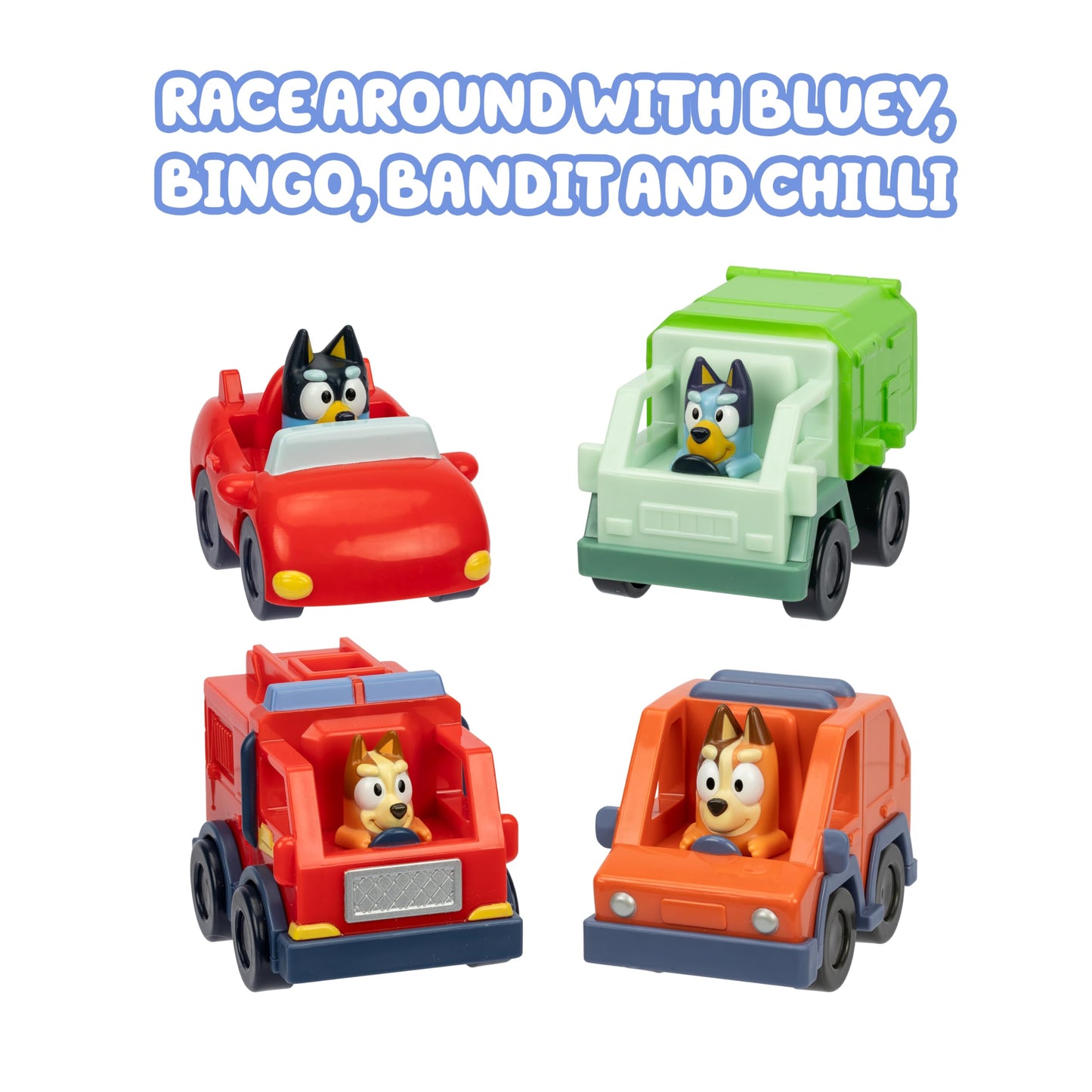 Bluey Mini Racers, 4 of the Most Popular Vehicles in Mini Form. Roll and Race With Garbage Truck, Fire Truck Bingo, Convertible Bandit and Heeler 4WD Chilli, Collect Them All!