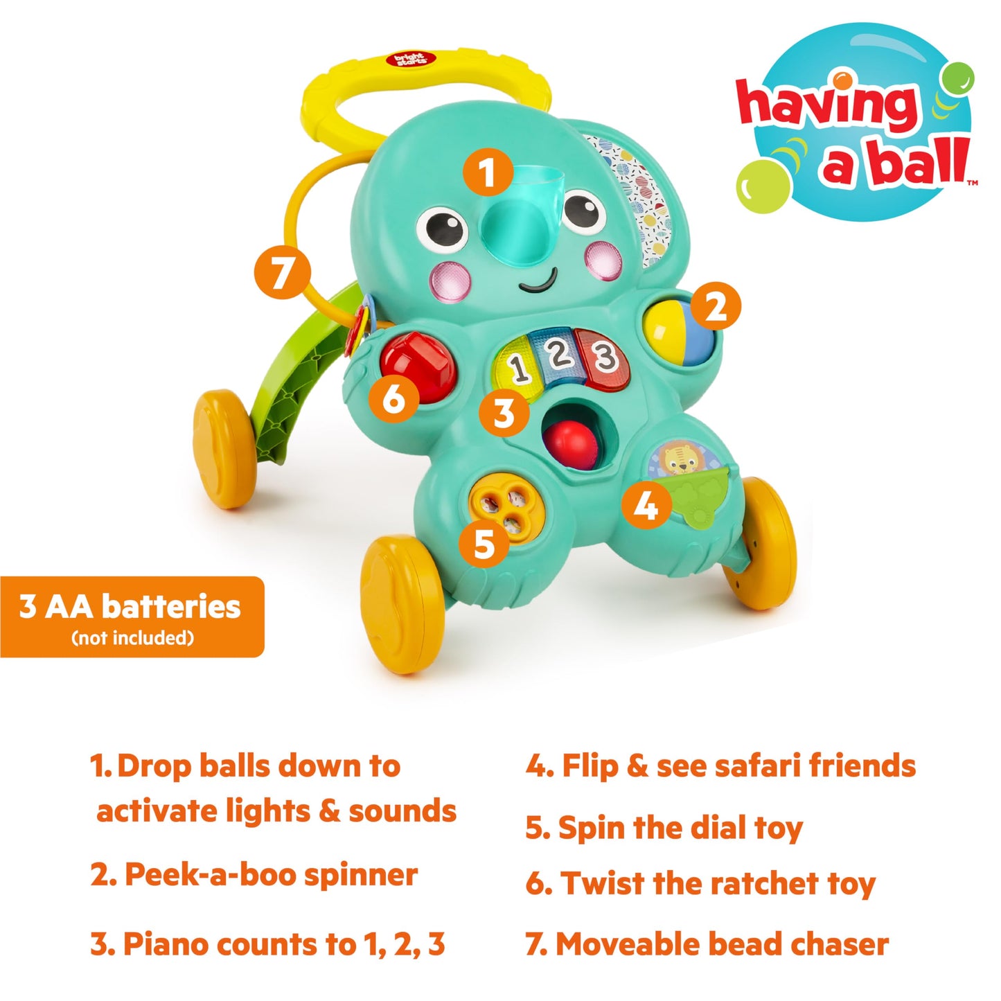 Bright Starts Stroll 'N Roll 2-in-1 elephant baby walker with lights and music, suitable for 6 months+