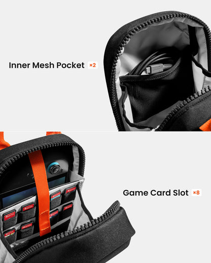 tomtoc Sling crossbody bag for Nintendo Switch 2 console, black gaming pouch with 8 cartridge slots, charger, and accessories.