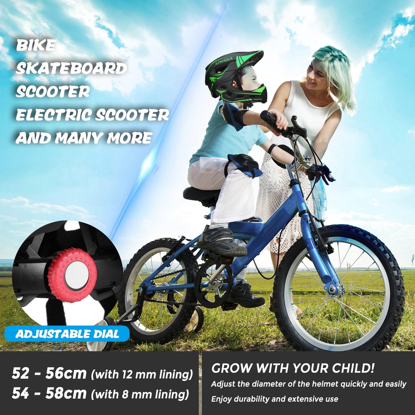 Lixada Kids Full Face Helmet Detachable Child Boys Girls Bike Helmet Protective Gear for Cycling Skateboarding Roller Skating Cycle Helmet 52-58cm
