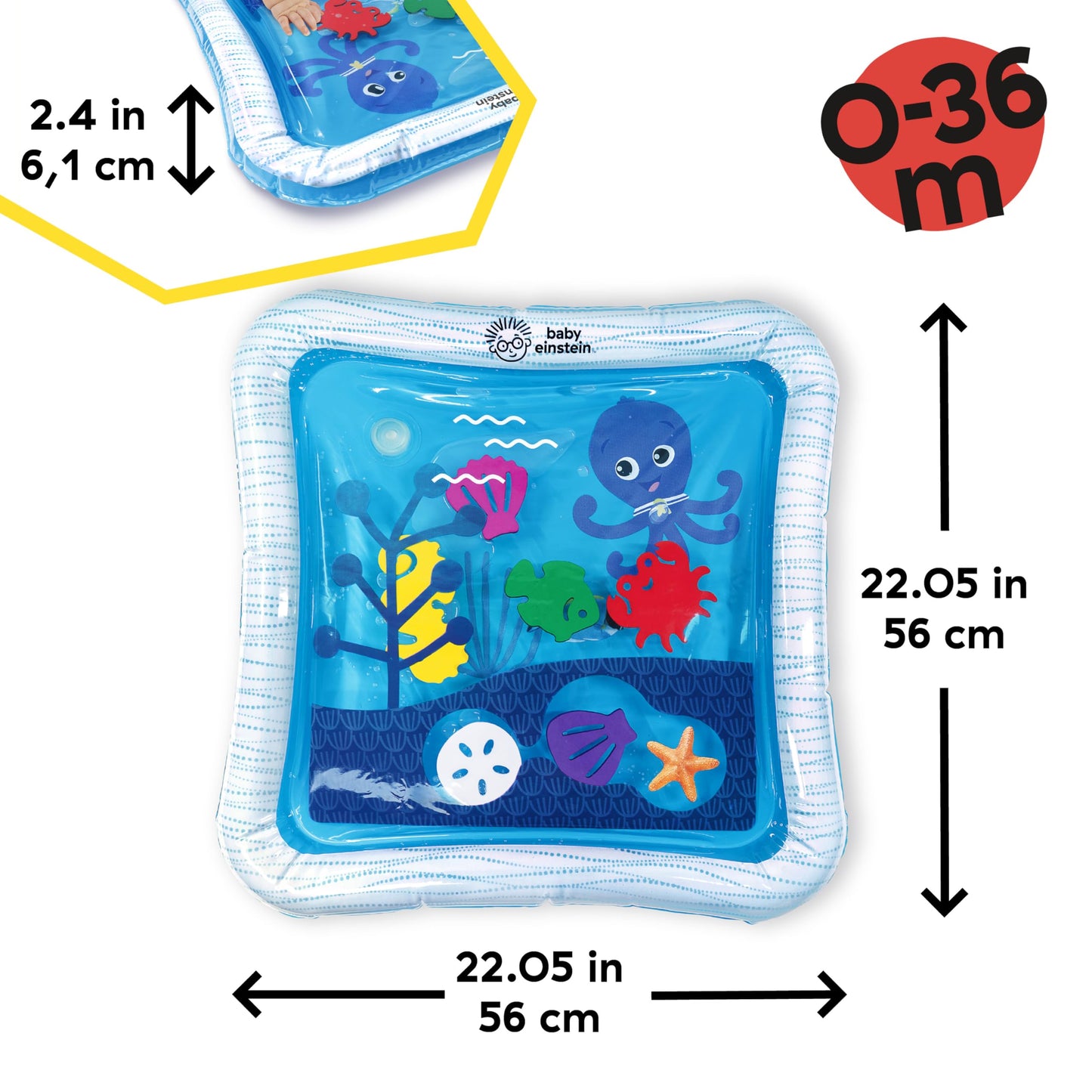 Baby Einstein Tummy Time Water Play Mat with ocean-themed sensory toys for babies, suitable for newborns and older infants.