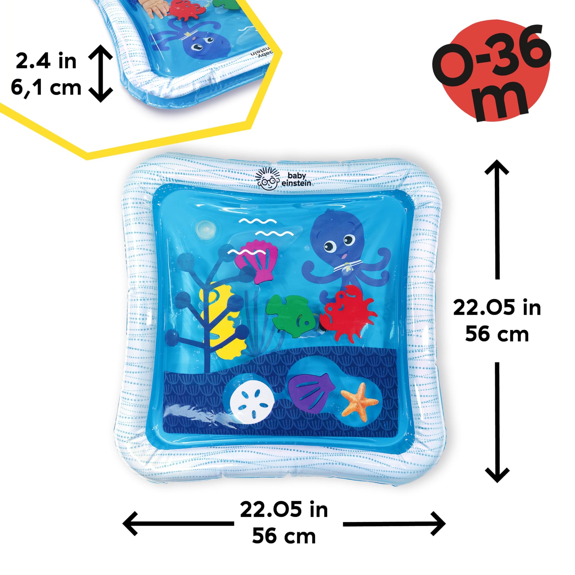 Baby Einstein Tummy Time Water Play Mat with ocean-themed sensory toys for babies, suitable for newborns and older infants.