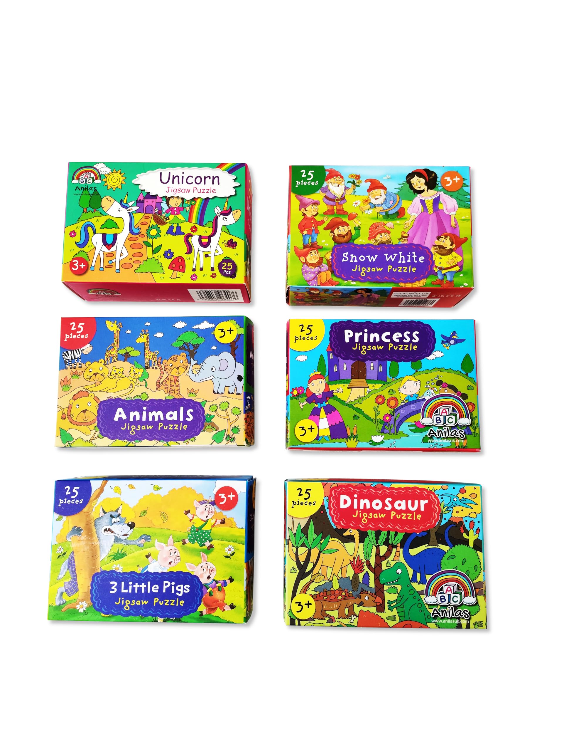 Children's jigsaw puzzle set by Anila's with six designs, 25 pieces each, suitable for ages 3-8, measuring 35x25 cm.