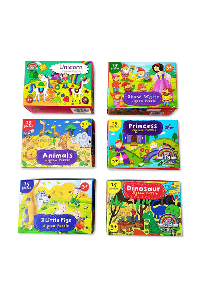 Children's jigsaw puzzle set by Anila's with six designs, 25 pieces each, suitable for ages 3-8, measuring 35x25 cm.