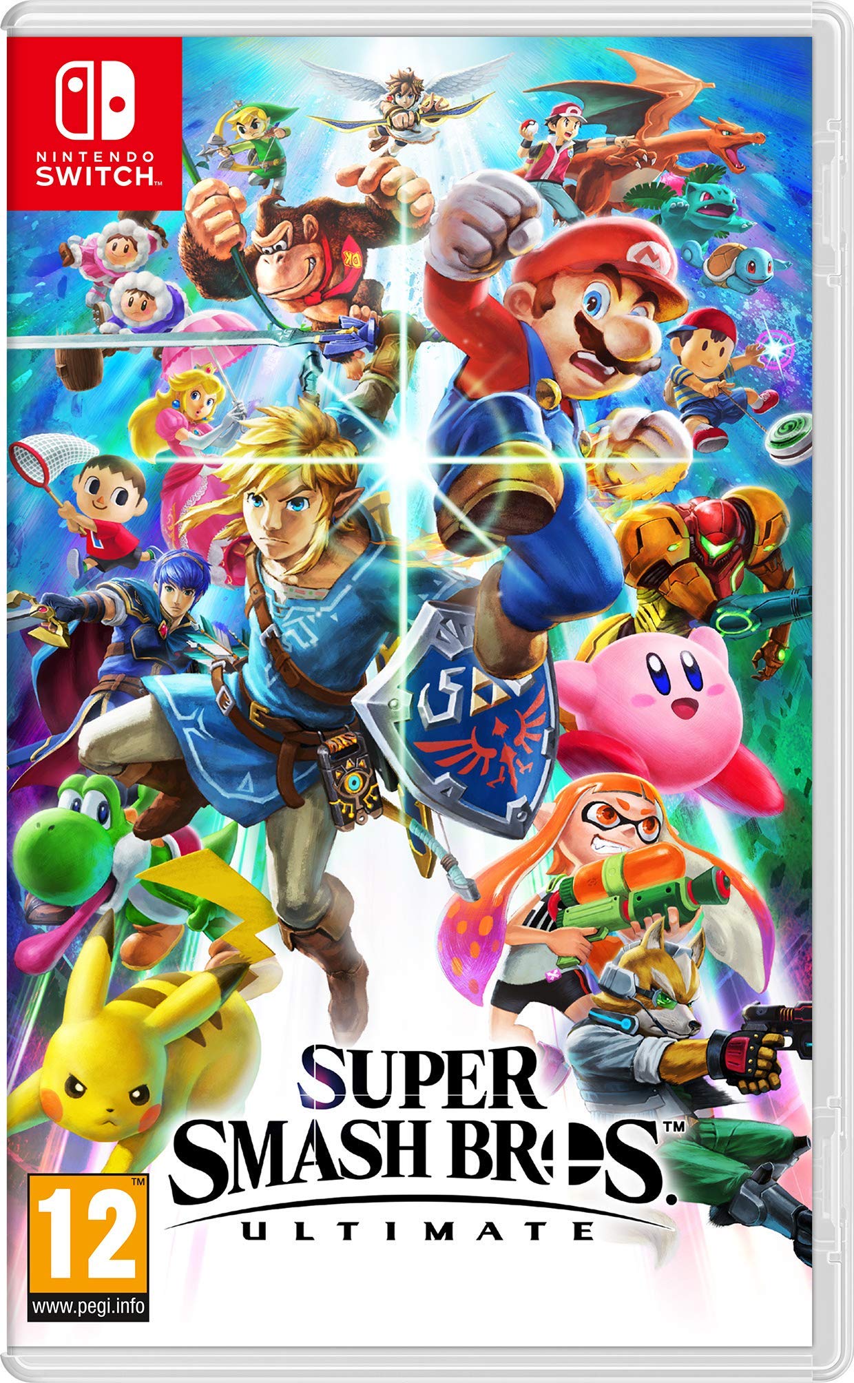 Nintendo Super Smash Bros. Ultimate Nintendo Switch game box art featuring characters from the popular fighting game.