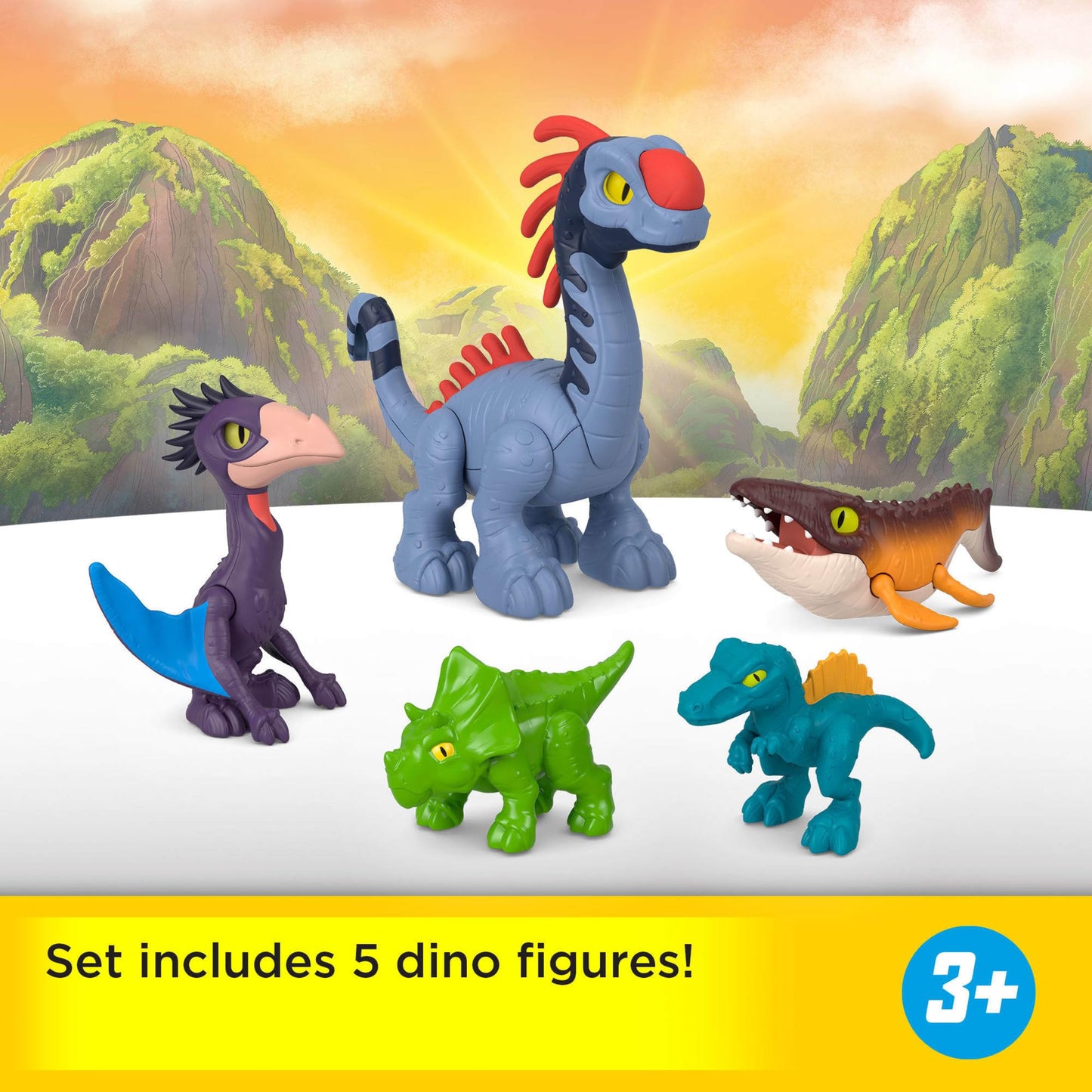 Fisher-Price Imaginext Jurassic World Rebirth action figure set with 3-inch human, five dinosaurs, toy launcher, and accessories.