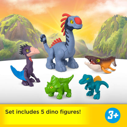 Fisher-Price Imaginext Jurassic World Rebirth action figure set with 3-inch human, five dinosaurs, toy launcher, and accessories.