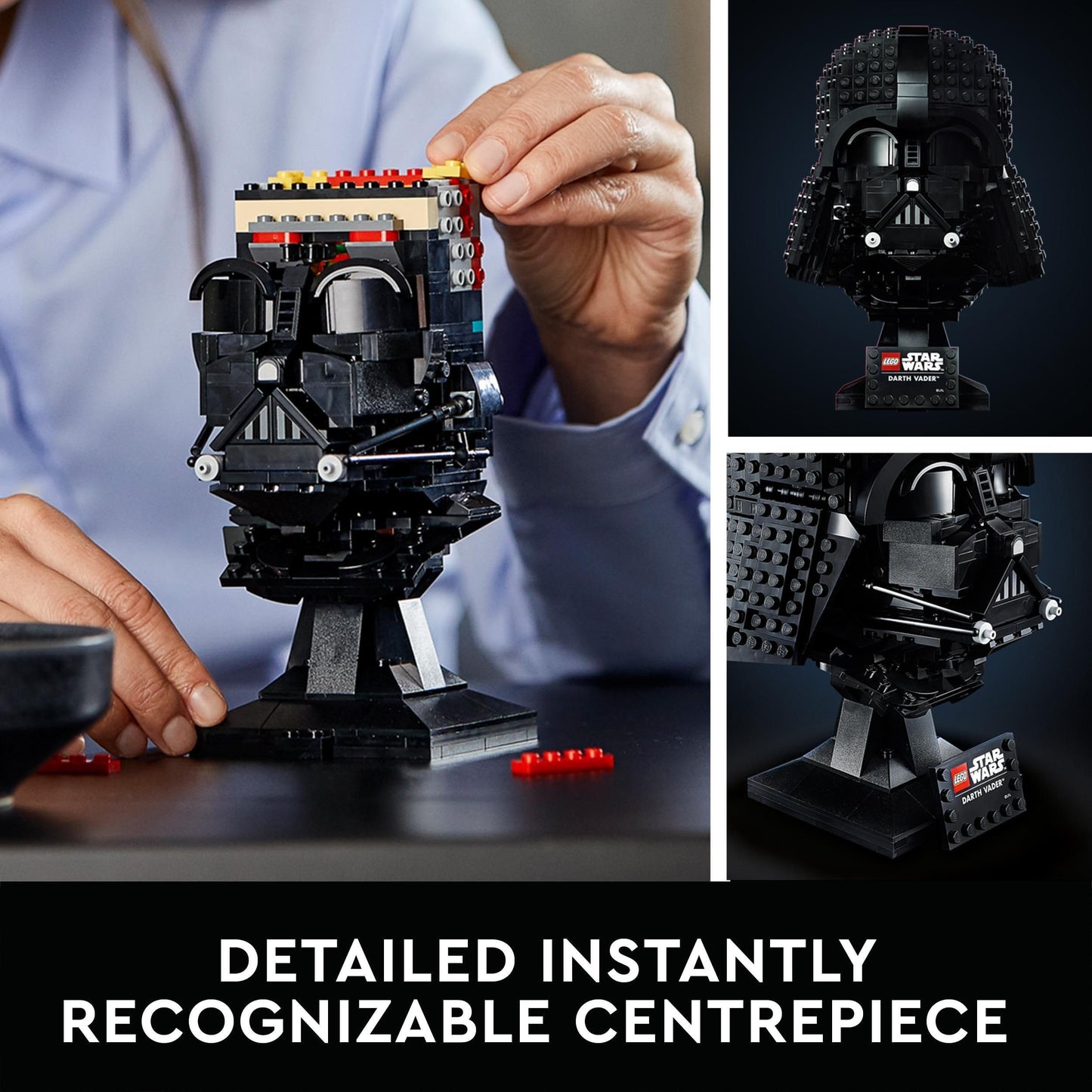 LEGO Star Wars Darth Vader helmet model kit displayed on a shelf, showcasing intricate details and design elements.