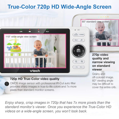 VTech VM901 Wi-Fi baby monitor with 5-inch 720p display, remote pan tilt zoom, HD camera, night vision, and 2-way talk.