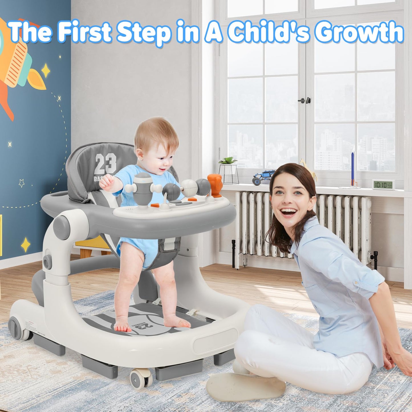Yosamy 3-in-1 baby walker with lights, music, adjustable height, anti-rollover design, suitable for boys and girls 6-12 months
