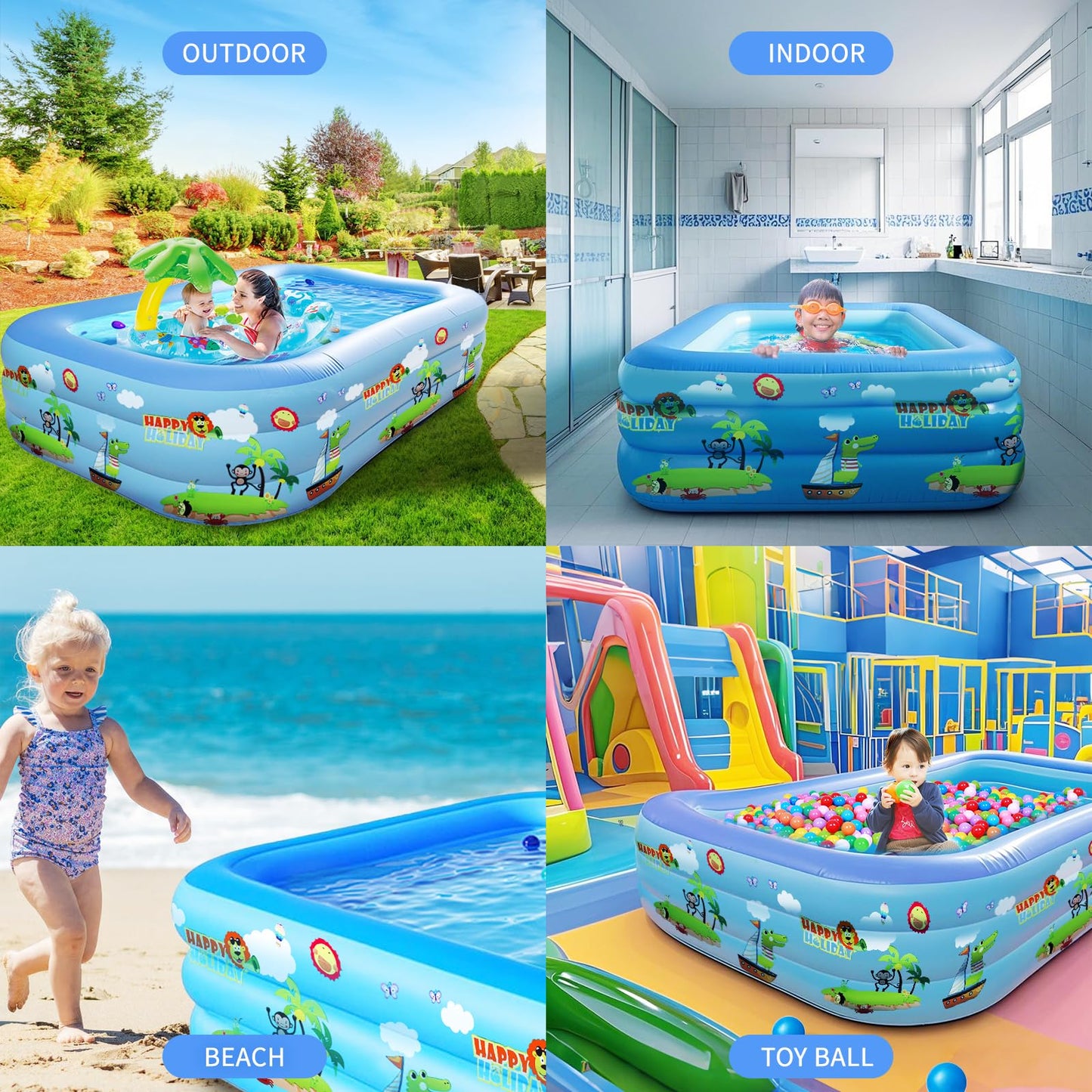 GALAXYER Inflatable Paddling Pool with Cartoon Prints, 3 Rings Large Rectangular Family Swimming Center for Kids Toddlers Adult, Indoor Outdoor Garden Swimming Pool, 205 × 125 × 50 CM