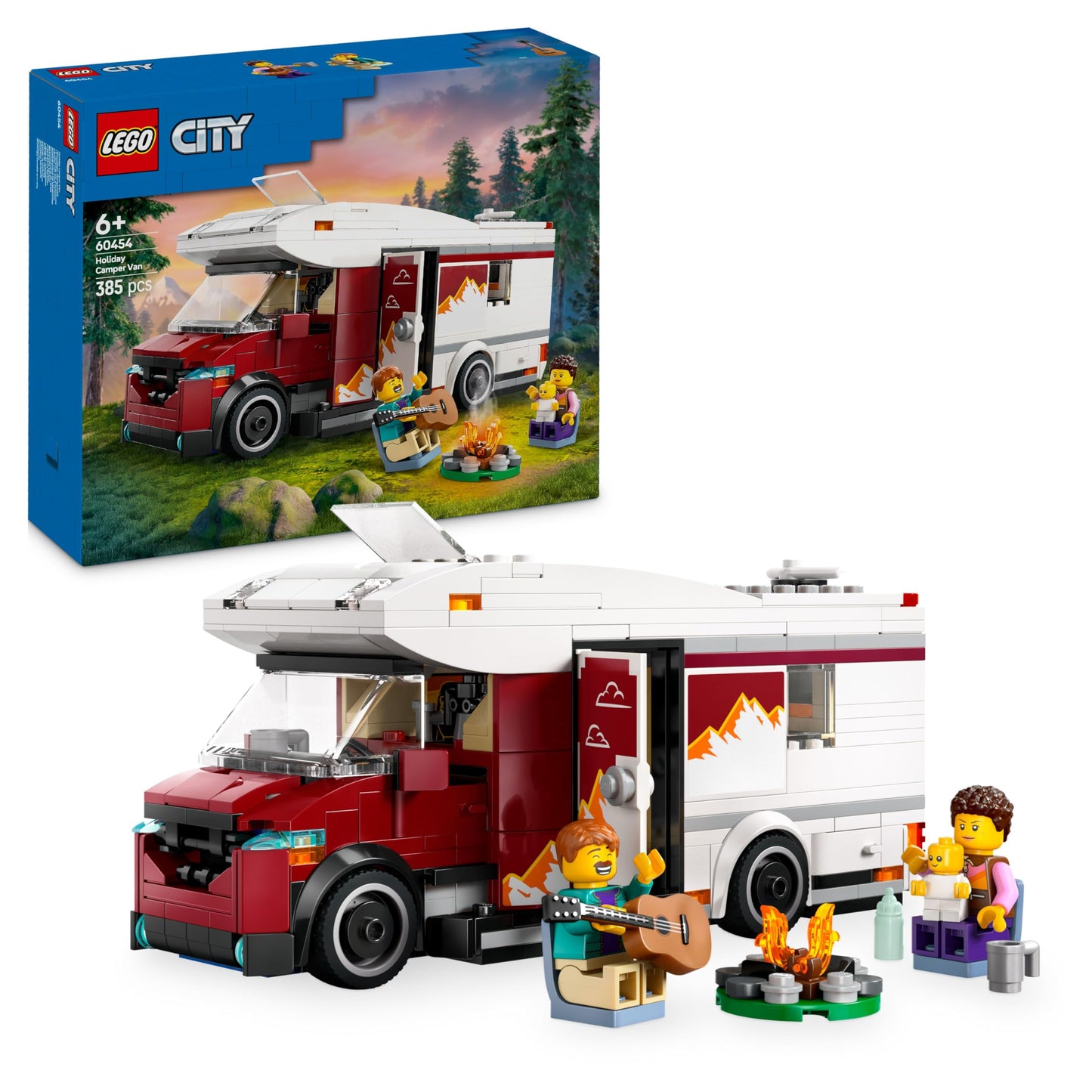 LEGO City Holiday Adventure Camper Van toy with 3 minifigures and accessories for creative building play.